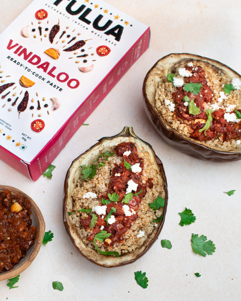 Vindaloo eggplant quinoa boats